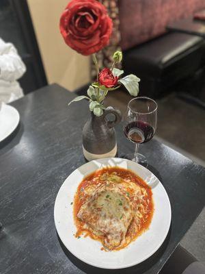Lasagna and wine