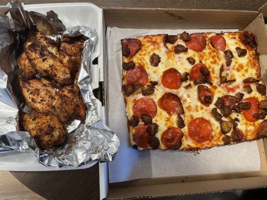 Cajun dry rub wings Small pepperoni, extra cheese, and sausage pan pizza