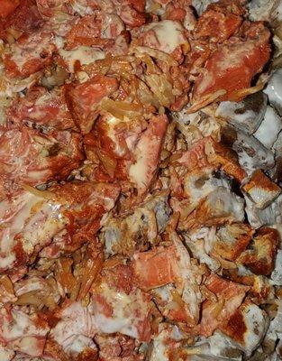 Yummy platter with chicken and lamb over rice, with salad (not pictured as it's off to the side). With white sauce and hot sauce.