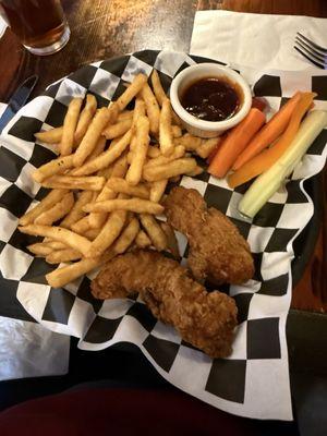 3 chicken tender app minus 1 tender cuz I ate it. Korean bbq sauce.