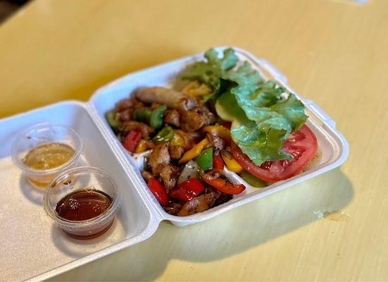 Shaken chicken w/ rice, veg and egg roll