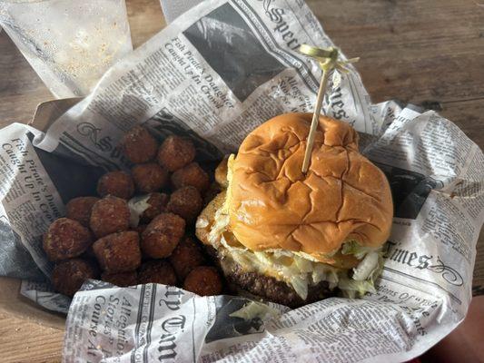 Pimento smash burger with sweet potato tots.