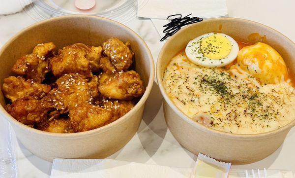 Korean crunchy fried chicken and Rose Tteokbokki with cheese and egg add-ons. Both tasted great. Highly recommended.