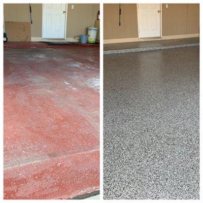 Full flake epoxy in garage. (Before and after)