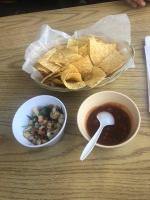 Complementary chips, salsa and seviche