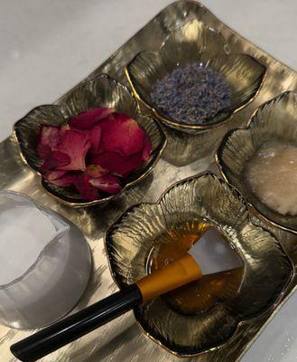 coconut milk, rose petals, lavender, honey mask and almond oil for massage