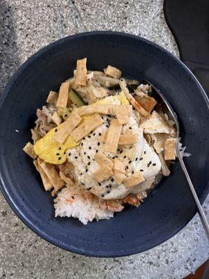 Japanese Miso Leftovers (home plated) add fried egg, rice and wontons