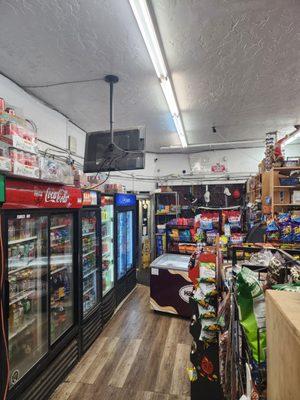 Inside - Sodas, ice cream and a TV.