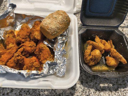 Hot lemon pepper chicken,fried corn, them garlic parm shrimp