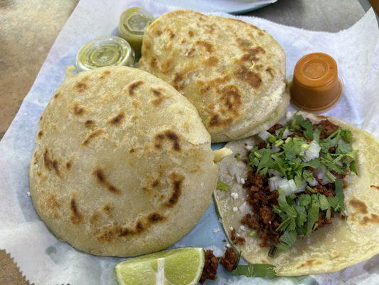 Two gorditas with protein of your choice and chorizo taco