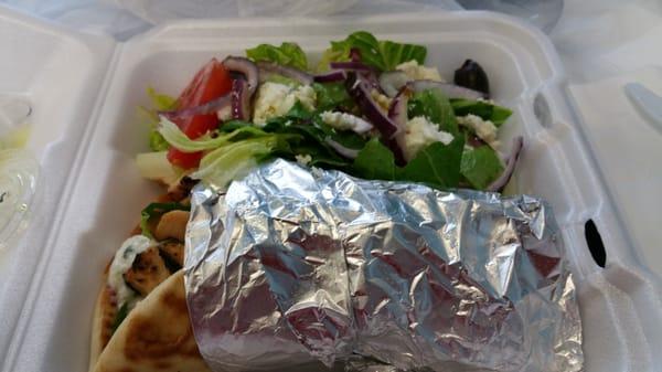 Grilled chicken wrap with greek salad