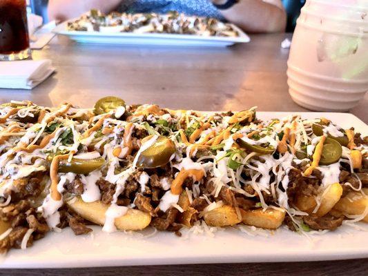 Carne asada fries with horchata
