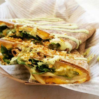 Niko- Pablano Goat Cheese Apple Cheddar Cheese Arugula Quesadilla with a Cilantro Jalapeno Honey Sauce