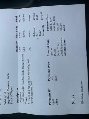 Second invoice which shows that I was charged for a new part even though he installed old parts that were laying around his shop.