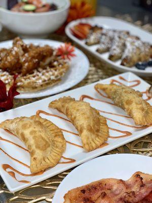 American breakfast, empanadas, chicken and waffle, French toast, sandwiches