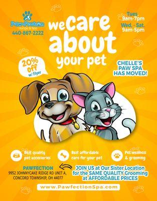 Chelle's Paw Spa in Willoughby is now Pawfection Lounge & Spa in Painesville. Bigger and better than ever!