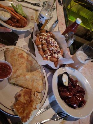 Honey Hot Boneless Wings, Loaded Tater Tots, Cheese Quesadillas, and Honey BBQ Boneless Wings