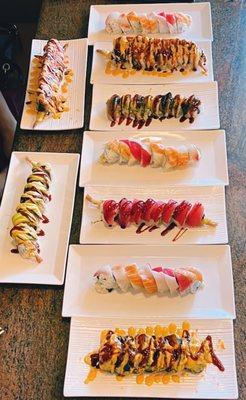 Rainbow Rolls, Dragon Roll, OMG Roll, Tiger Roll, Tornado Roll, Hawaii Roll YUMMY!