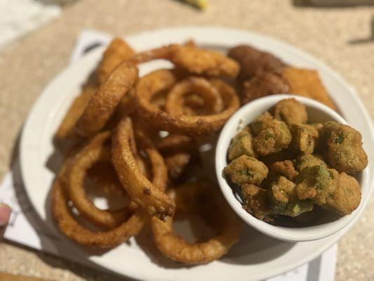Shrimp, onion rings and okra