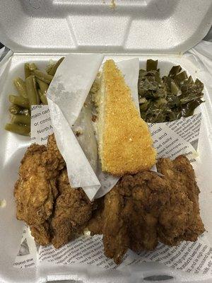 Fried chicken wing dings with corn bread, greens and green beans
