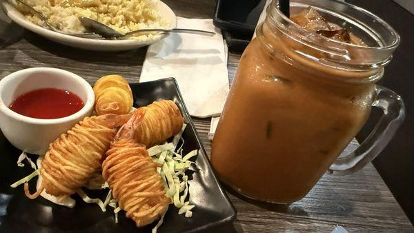 Potato wrapped shrimp, Thai iced tea