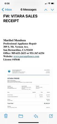Incorrect purchase agreement receipt w/added statement from Maribel re: Sold as is