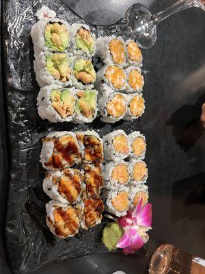 Peanut Avocado Roll, Spicy Shrimp Roll, Spicy Kani Roll and Sweet Potato Roll.