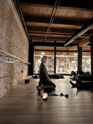 Mare teaching Restorative Yoga at Grow Well Yoga in Naperville.