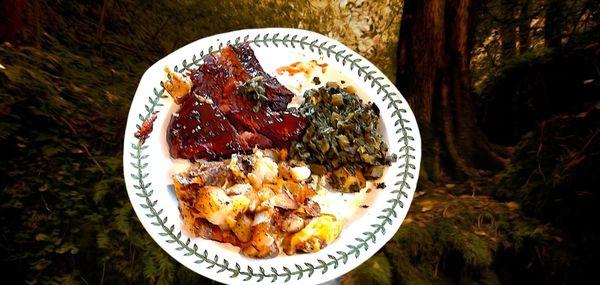 Spare ribs, collard greens and cowboy potatoes - all wonderful.