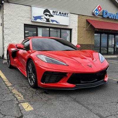C8 Corvette with Paint Protection Film (PPF) installed on front clip