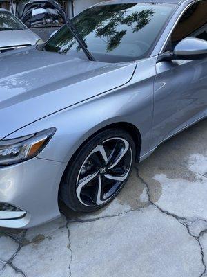 Both side fender and bumper were dented and hit and fixed both sides and headlight scratch .