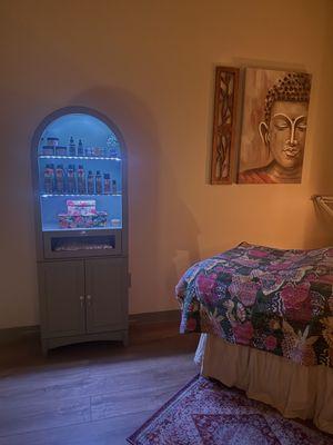 Foot of bed and retail cabinet.