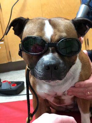 Being super protected during laser treatments for her inflammation.