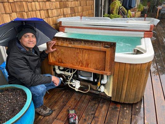 Christian with his special rain hat.