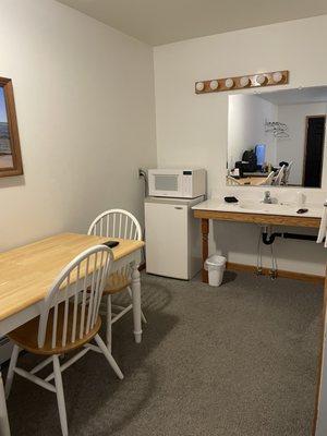 Microwave, fridge and coffee maker