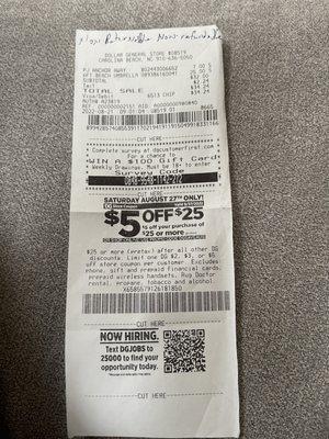 Receipt where she had employee hand write "Non-refundable"