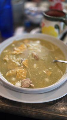 Delicious Pozole Verde. No tostada given so I added broken tortilla chips.