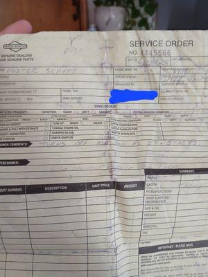 The receipt at time of submitting my weedwacker to servicing. Note they didnt say lack of battery, just that they didnt service that brand.