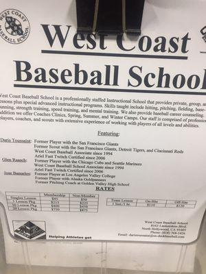 West Coast Baseball school located here price of Lessons listed