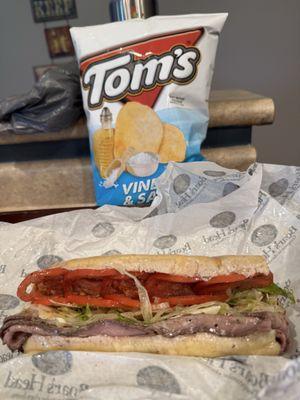 6/11/25- my lunch! Six inch sub on white- double Boar's Head roast beef and of course Tom's potato chips!