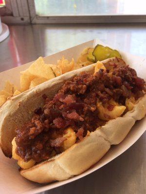 The Sloppy Mac Dog. This one has it all! Joe, Mac and Cheese and a dog all on a toasted bun!