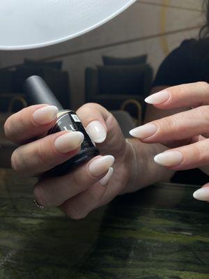 Short length Almond Gel X full set with hand painted half moons