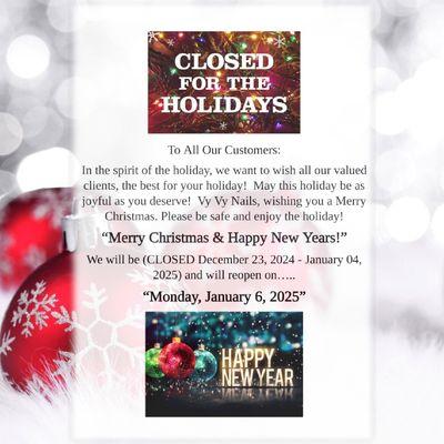 Closing for the "HOLIDAYS," please call and schedule your appointment. Our last day will be on December 21, 2024, which is a Saturday. We wi