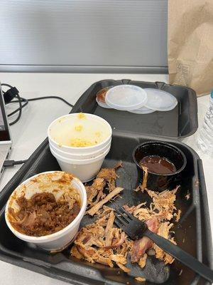 I pulled pork, baked beans, Mac and cheese, and corn casserole. Swoonnnnn!