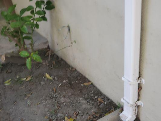 Gutter downspout with straps on stucco wall