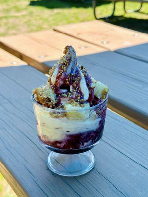 Sundae- marionberry sauce, butter cake, praline crumb