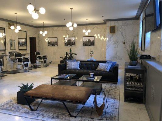 Expertly designed waiting area for Lloyd's Barbershop