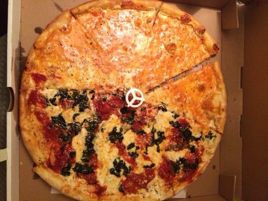 Half vodka sauce & half fresh mozz, basil, tomato