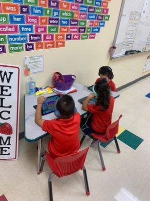 Kinder students using iPads for IStation.