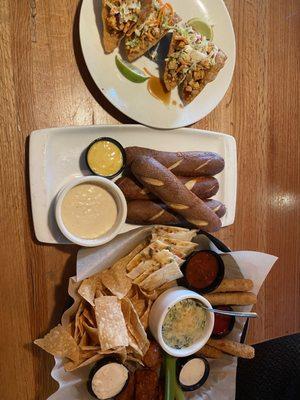 Chicken Wonton Tacos, Brew Pub Pretzels & Beer Cheese Dip, appetizer platter